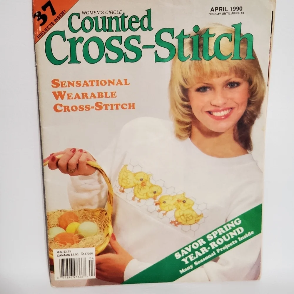 Womens Circle Counted Cross Stitch April 1990 Chick Pattern Windmill Daffodils